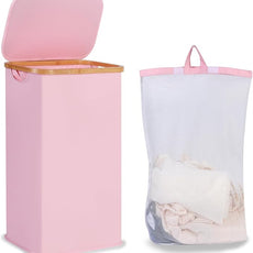 Laundry Hamper with Lid, 110L Large Laundry Basket with Handle and Lid, Collapsible Clothes Basket Organizer with Removable Inner Bag for Clothes Toys Towels,Pink