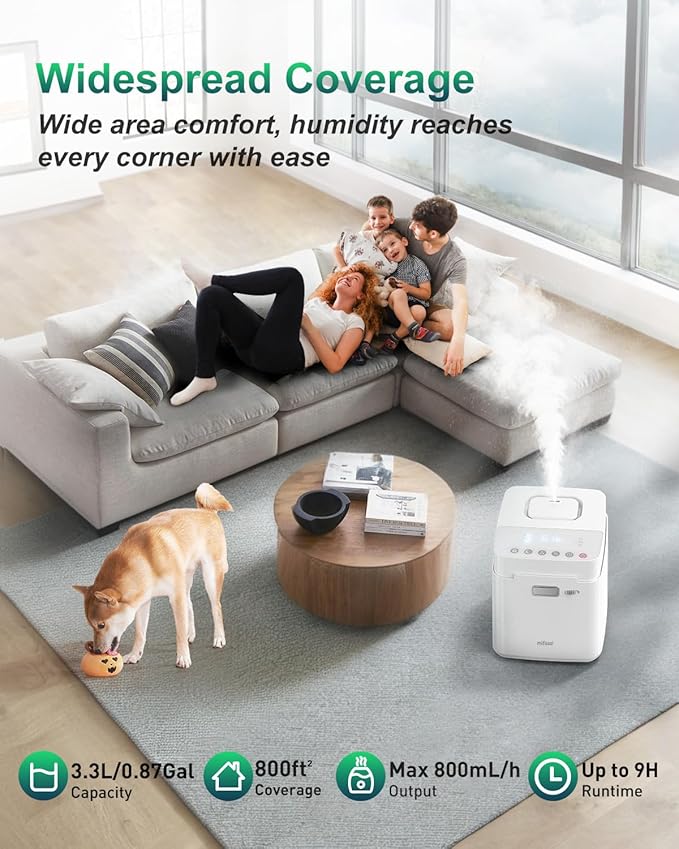Mifasol Stainless Steel Humidifier, 3.3L/0.87Gal Steam Humidifier Large Room up to 800 sq ft, Easy to Clean Warm Mist Humidifiers for Bedroom Baby Nursery Home Office, White