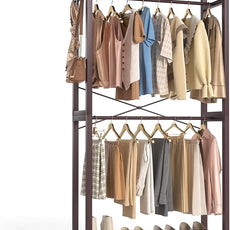 Homykic Bamboo Clothes Rack with Shelves and Double Hang Rods, Portable Closet System Garment Rack for Hanging Clothes, Tall Clothing Rack Corner Closet Organizer, Easy to Built, Espresso