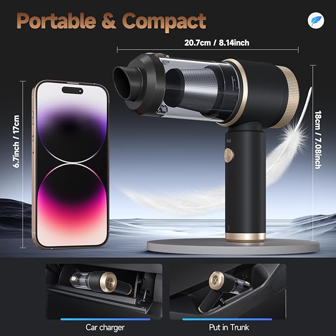 7 in 1 Car Vacuum Portable Cordless ,16000PA Strong Suction Handheld Car Cleaner With Dual HEPA Filters,LED Light,Type-C Charging Mini Vacuum, One-Click Empty Compact For Home Cleaning and Office