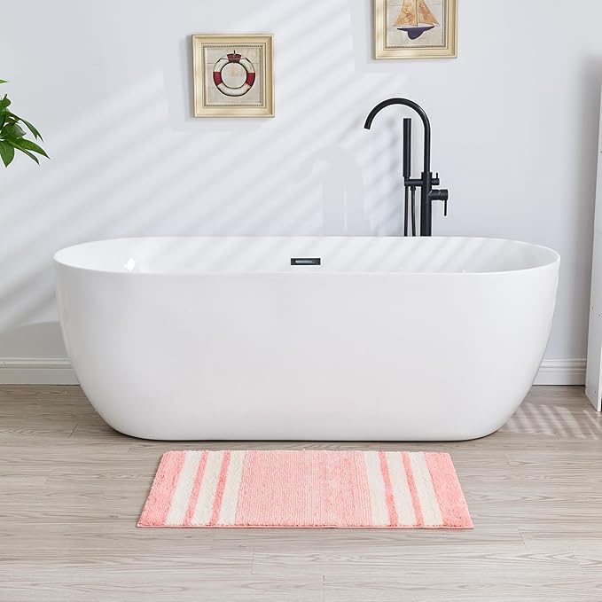 CozeCube Bath mats for Bathroom Non Slip, Fluffy Absorbent Microfiber Bath mat Washable, Aesthetic Bathroom Rugs, Cute Blossom Pink Striped Bath mat, Blossom Pink, 32" x 20"