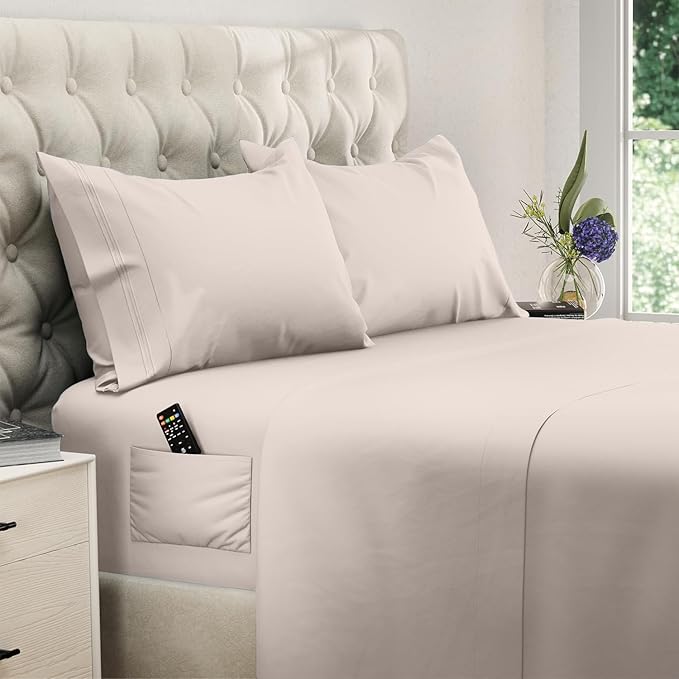 DREAMCARE Full Size Sheets Set - 4 Pcs Cooling Bed Sheets with Up to 15" Deep Pockets - Soft, Long-Lasting 100% Brushed Polyester with Side Pocket (Beige) DREAMCARE