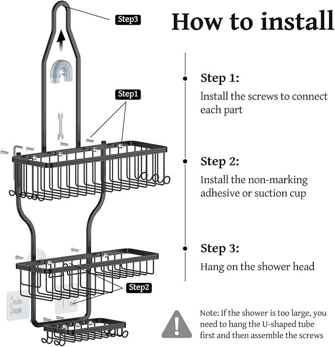 YASONIC Shower Caddy Over Shower Head Never Rust Aluminum Large Hanging Shower Caddy with 10 Hooks for Razor/Sponge - Over The Shower Head Caddy with Soap Basket - Hanging Shower Organizer Black