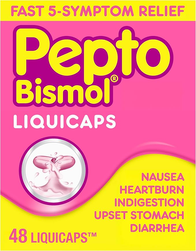 Pepto Bismol Liquicaps, Upset Stomach Relief, Nausea Relief, Heartburn Relief, Indigestion Relief, Anti Diarrhea Medication for Adults - 5 Symptom Fast Relief, No Flavor, 48 ct