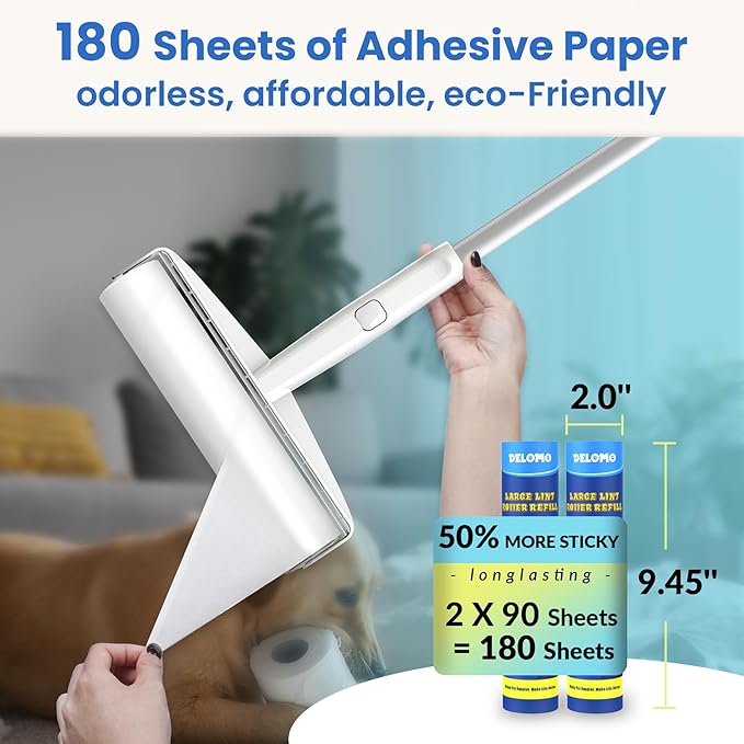 Lint Roller Refills (2 Pack, 180 Sheets) – DELOMO 9.45 in Large Lint Roller Refill, Compatible Only with DELOMO Large Lint Roller, for Cleaning Carpets, Cars, Beds, Couches & Pet Hair