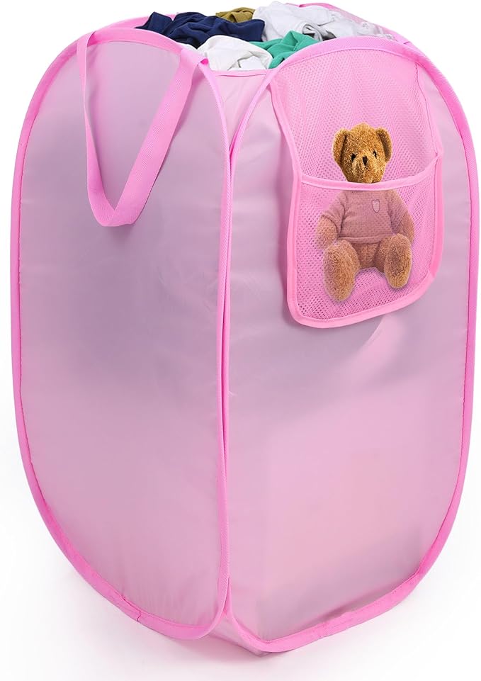 Foldable Laundry Basket, Pop Up Laundry Hamper with Handles, Collapsible Basket with Handy Pocket, Privacy Protection, Easy Carry Reinforced Clothes Hamper for Dorm, Bedrooms, Bathrooms, Travel Pink