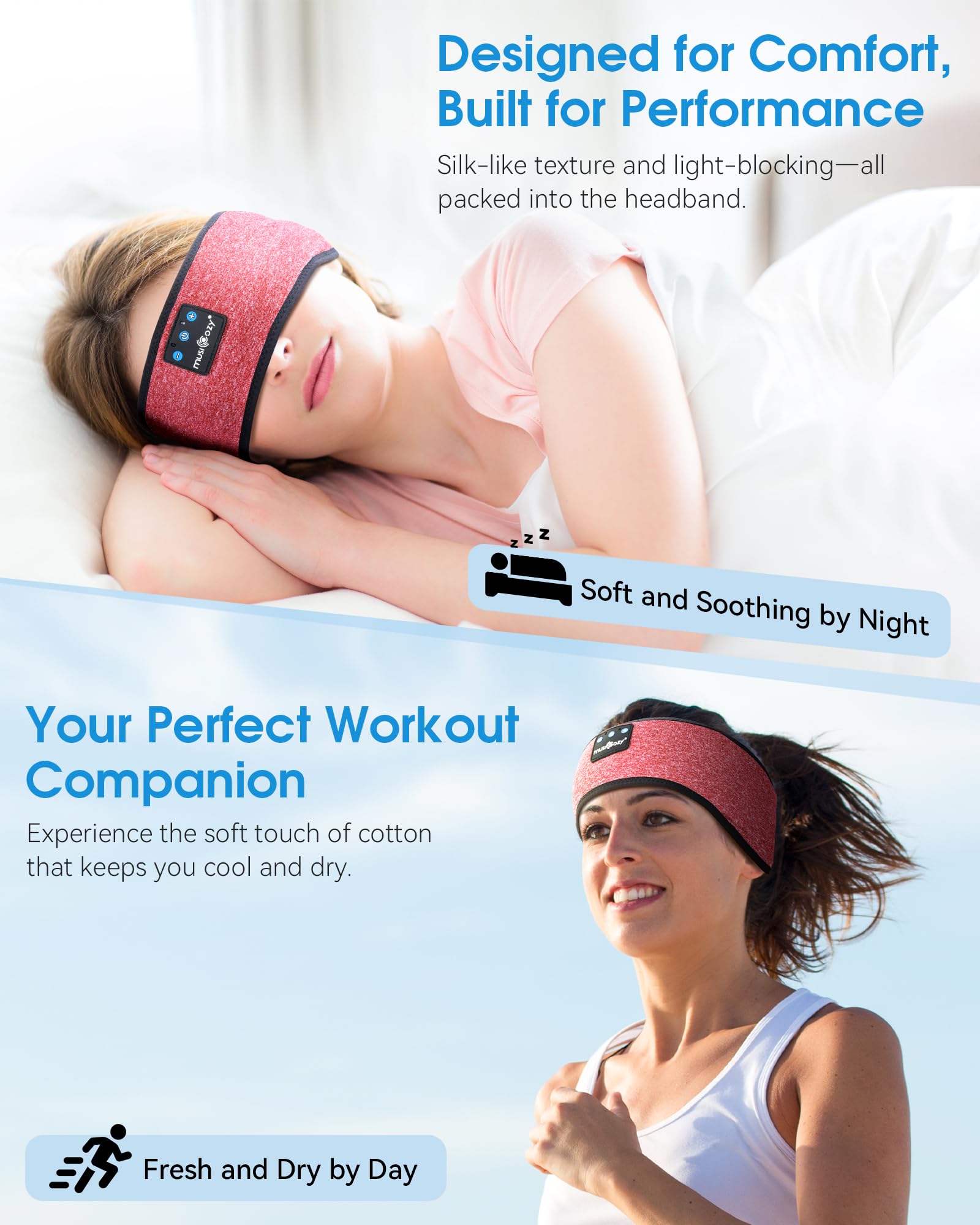 MUSICOZY Sleep Headphones Bluetooth 5.4 Headband, Sports Wireless Earphones Sweat Resistant Earbuds Sleeping Headphone with Ultra-Thin HD Stereo Speaker for Workout Running Cool Gadgets Unique Gifts Dormly