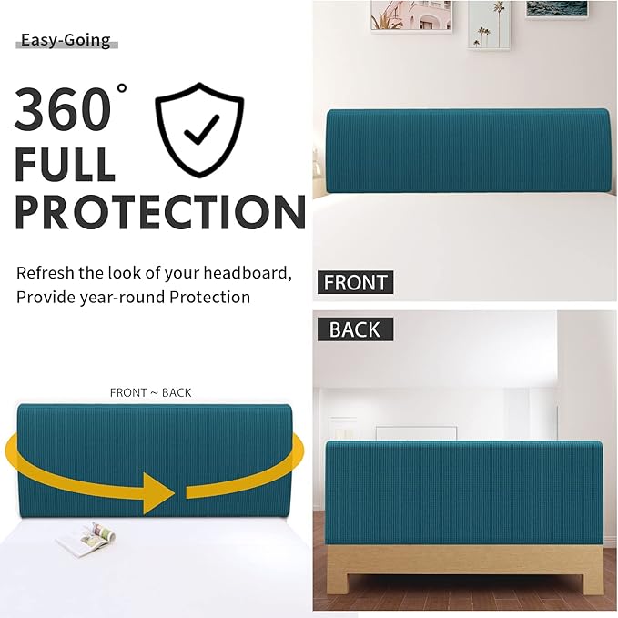 Easy-Going Stretch Bed Headboard Cover,Small Square Jacquard Headboard Slipcover, Dustproof Bed Head Cover for Bedroom (King,Peacock Blue)