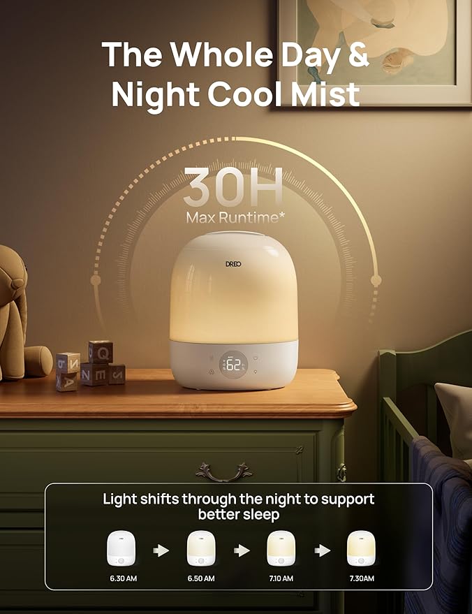 DREO Humidifier 409S, Humidifiers for Bedroom Baby, Ultra Quiet 28dB & 3L Top Fill Cool Mist Humidifier for Nursery, Smart Air humidifier for Plants, 1500+ RGB Night Light & Sleep Routine Trainer