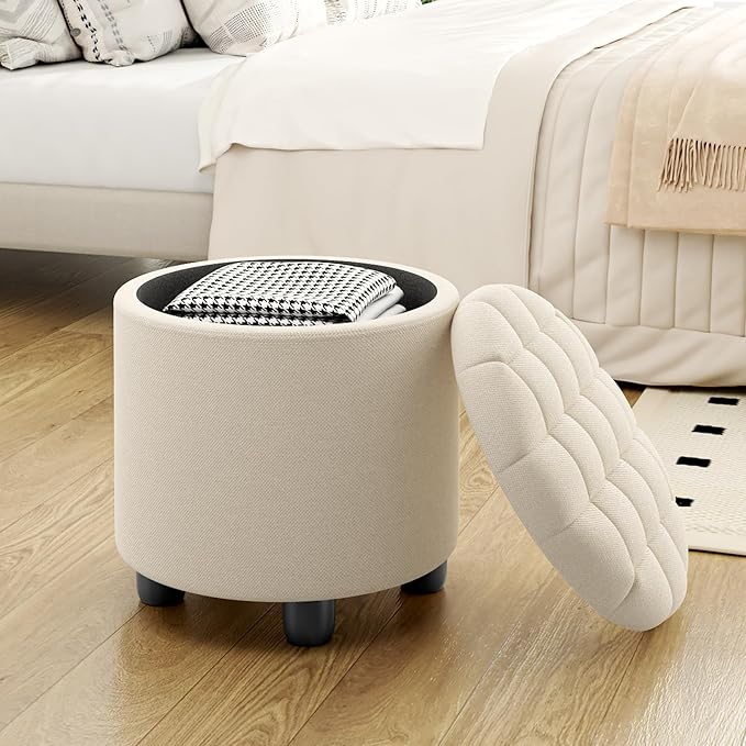 Furniliving Modern Round Storage Ottoman,Button Tufted Ottoman Foot Stools Ottoman Footstool with Removable Lid Storage Ottoman for Living Room, Bedroom, Makeup Room，Beige