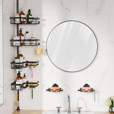 KEGII Shower Caddy Corner Tension Pole with 2 Suction Cup Soap Dishes, Rustproof 4-Tier Adjustable Bathroom Organizer, No-Drill Shower Storage Rack for, Fits 25–114.2 Inch, Black