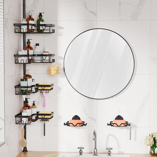 KEGII Shower Caddy Corner Tension Pole with 2 Suction Cup Soap Dishes, Rustproof 4-Tier Adjustable Bathroom Organizer, No-Drill Shower Storage Rack for, Fits 25–114.2 Inch, Black