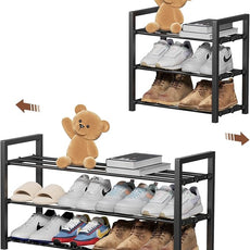 3-Tier Expandable Shoe Rack, Adjustable Shoe Shelf Storage Organizer Heavy Duty Metal Free Standing Shoe Rack for Entryway Closet Doorway (Black)