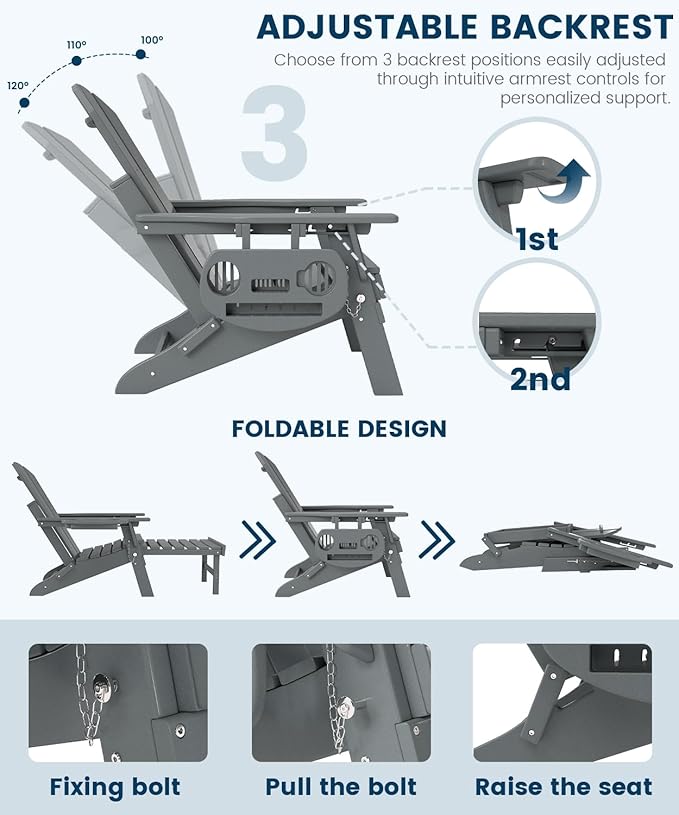 FOOWIN Folding Adjustable Adirondack Chair with Retractable Ottoman Set of 4, HDPE Adirondack Chair w/4 in 1 Cup Holder Trays,All-Weather Resistant Fire Pit Chair for Outdoor Patio Lawn, Grey