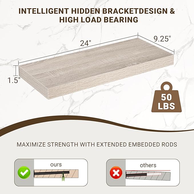 24 Inch Floating Shelves, 3D Textured Wood Grain, 24"x9.25"x1.5" Inch Deep Floating Shelves for Wall, Wooden Shelves for Bathroom, Bedroom, Living Room, Vintage White Oak, 2 Pieces
