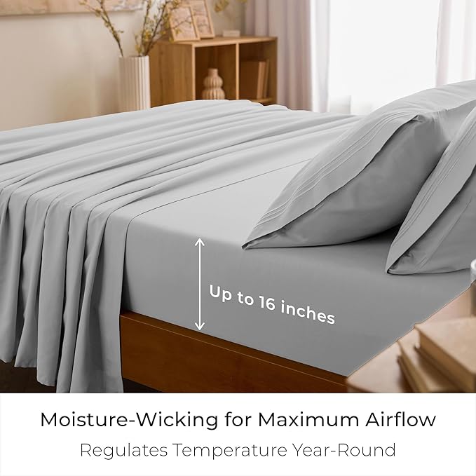 Mellanni Twin XL Sheet Set - 4-Piece Iconic Collection Bedding, (Including 2 Pillowcases), 16-Inch Deep Pocket, Easy Care, Extra Soft, Cooling Sheets, Brushed Microfiber - Light Gray