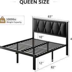 iPormis Queen Metal Bed Frame, Faux Leather Button Tufted Headboard Platform Bed, Heavy Duty Slats Support, 12