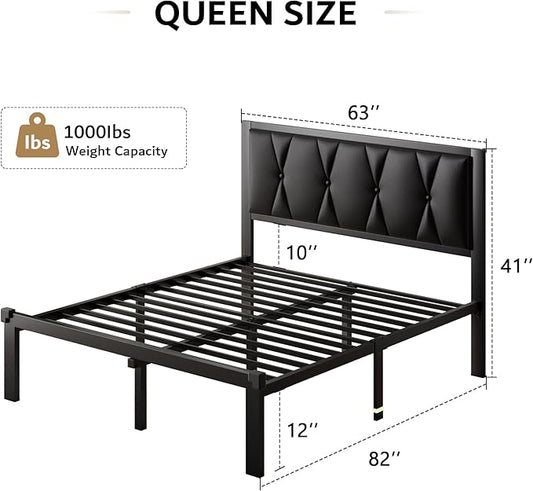 iPormis Queen Metal Bed Frame, Faux Leather Button Tufted Headboard Platform Bed, Heavy Duty Slats Support, 12" Under Bed Storage, No Box Spring Needed, Easy Assembly, Black