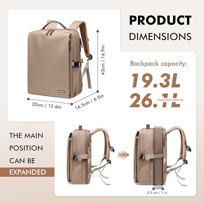 GOLF SUPAGS Stylish Laptop Backpack for Women Airline Approved Perfect for Work College and Travel Multi-Functional Casual Daypack Fits 17.3 Inch Notebook (Champagne)