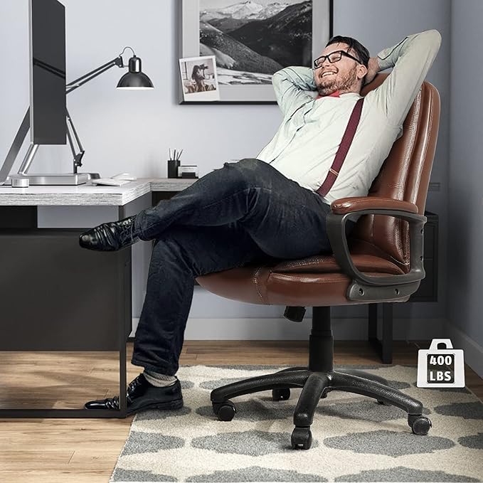 LEMBERI Office Desk Chair, High Back Executive Computer Chair, Ergonomic Big and Tall Adjustable PU Leather Chairs with Padded Armrest for Long Time Sitting (Brown)
