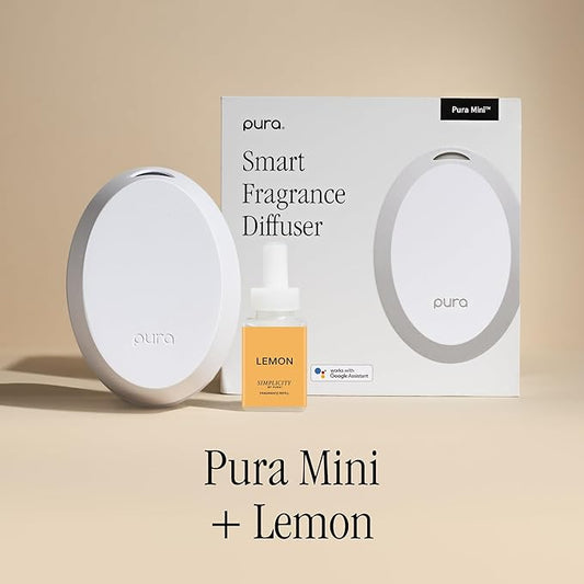 Pura Mini Smart Fragrance Diffuser for Small Spaces Adjustable Smart Home Device with LED Light & Automatic Vial Detection - Includes 1 Scent Refill; Lemon