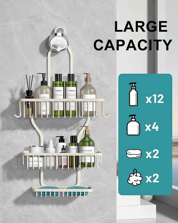 Shower Caddy Hanging - Never Rust Shower Hanging Organizer - Aluminum Over the ShowerHead Caddy with Soap Basket and 6 Hooks for Razor/Sponge (Milky White)