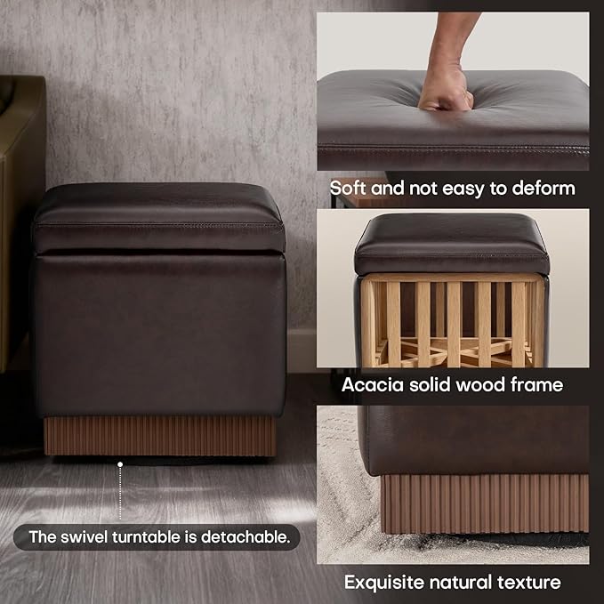 Square Ottoman with Storage,Swivel Vanity Stool-Faux Leather Foot Rest,Upholstered Footstool Pouf with Sturdy Acacia Wood Frame(500lbs),Small Coffee Table & Hidden Storage for Living Room