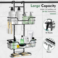 Shower Caddy, Hanging Organizer Rack with Hooks and Adhesives, No Drilling, Rustproof Stainless Steel Bathroom Organizer Bathroom Shower Shelves for Inside Black