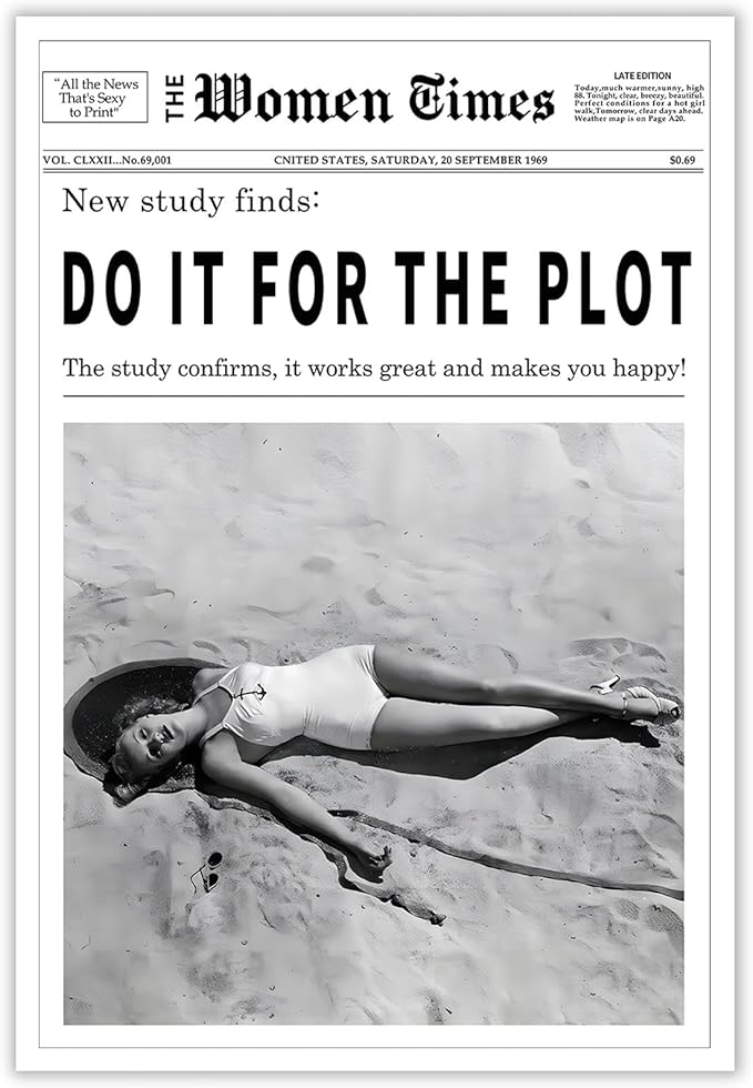 Vintage Women Times Do It for The Plot Wall Art Trendy Black and White Canvas Print Poster Vintage Woman Times Newspaper Prints Beachy Hot Girl Wall Decor for Bar Cart Girls Dorm Bedroom 16x24inch Unframed