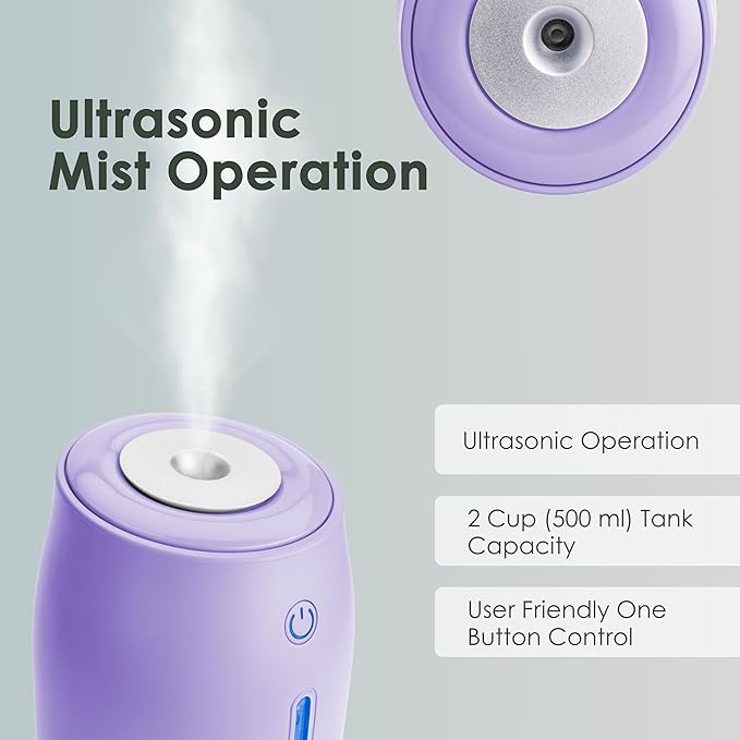 Aqua Glo Personal, Portable Humidifiers for Bedroom – Ultrasonic Cool Mist Humidifier with Built In Rechargeable Battery. Air Humidifier for Baby, Plants, Home, Office, Travel. Lavender