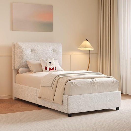 Twin Size Bed Frame, Cloud Boucle Upholstered Bed Frame with Headboard, Twin Bed Frames for Kids, Adjustable Headboard, No Box Spring Needed, Easy Assembly, White