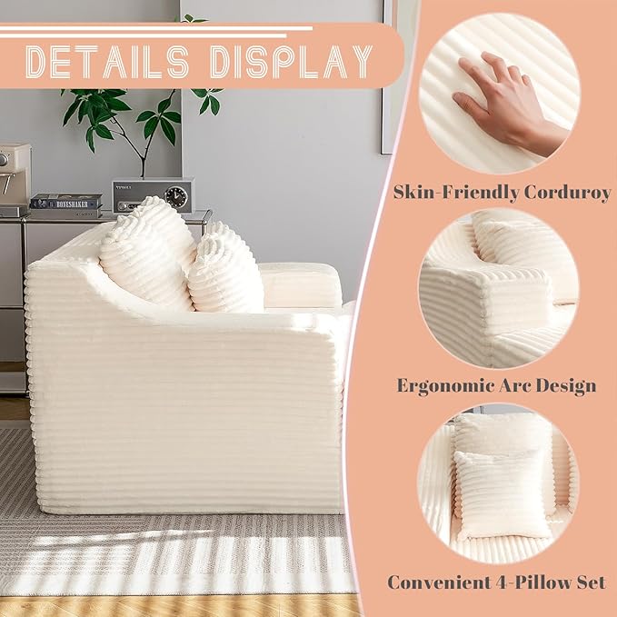 55 Inch Chaise Lounge Indoor - Oversized Chaise Lounge with 4 Throw Pillows and Armrets, Upholstered Plush Sofa Bed, Corduroy Lazy Chair Bed, Sleeper Chair for Living Room or Bedroom, Beige