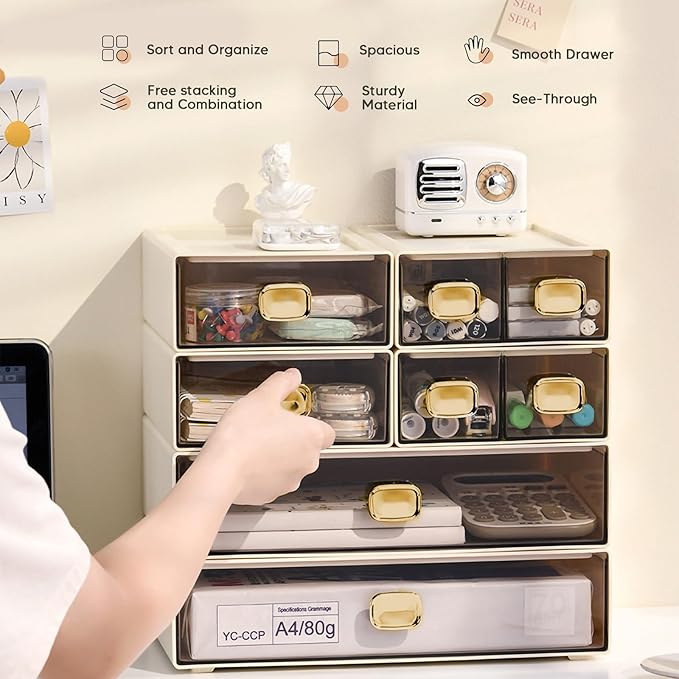 Stackable Desk Organizer with Drawer 13'' Wide Large Desktop Storage Drawer Organizer Clear Plastic Organizer Drawer for Office,Stationery,Cosmetics,Accessories (1 PACK,L-1 Drawer,Cream White)