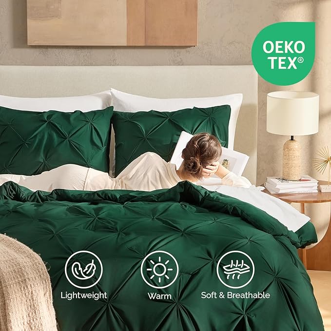 Andency Dark Green Oversized King Comforter Set (120x98Inch), 3 Pieces Lightweight Pinch Pleat Cal King Bedding Comforters & Sets, Oversized Pintuck Soft Fluffy Alternative Bed Set for All Season