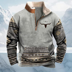 Western Sweatshirts for Men Aztec Cowboy Vintage Graphic Fleece Hoodie Mens Quarter Zip Pullover Country Jacket