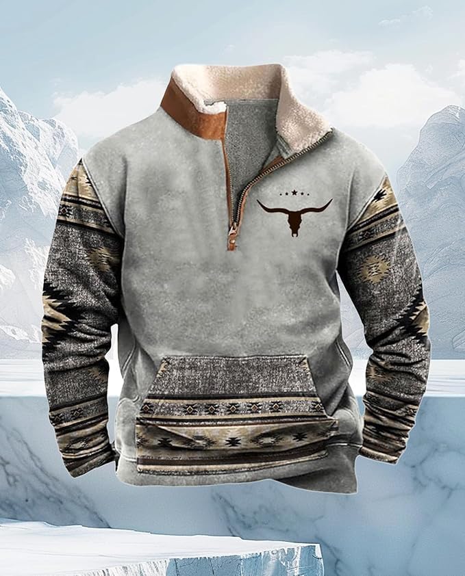 Western Sweatshirts for Men Aztec Cowboy Vintage Graphic Fleece Hoodie Mens Quarter Zip Pullover Country Jacket