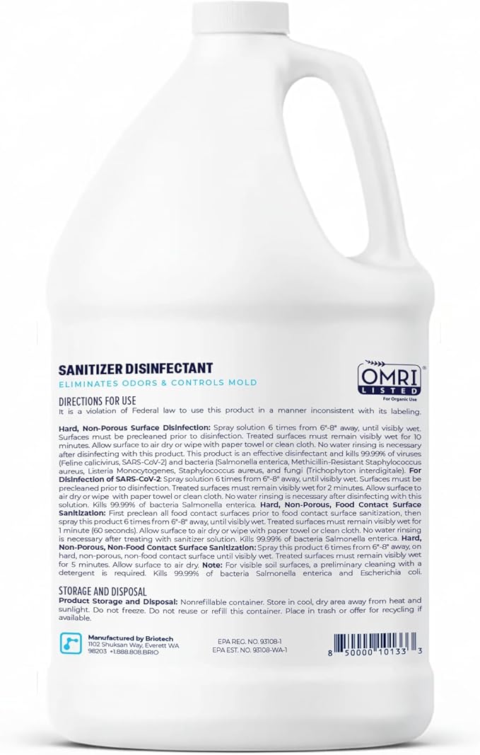BRIOTECH Sanitizer Disinfectant Hypochlorous, Kill 99.99% of Viruses & Bacteria, Control Mold, Eliminate Odor, Gentle for Nursery & Play Rooms, Food Contact Surface Sanitizer, 1 Gallon Refill (4 Pack)