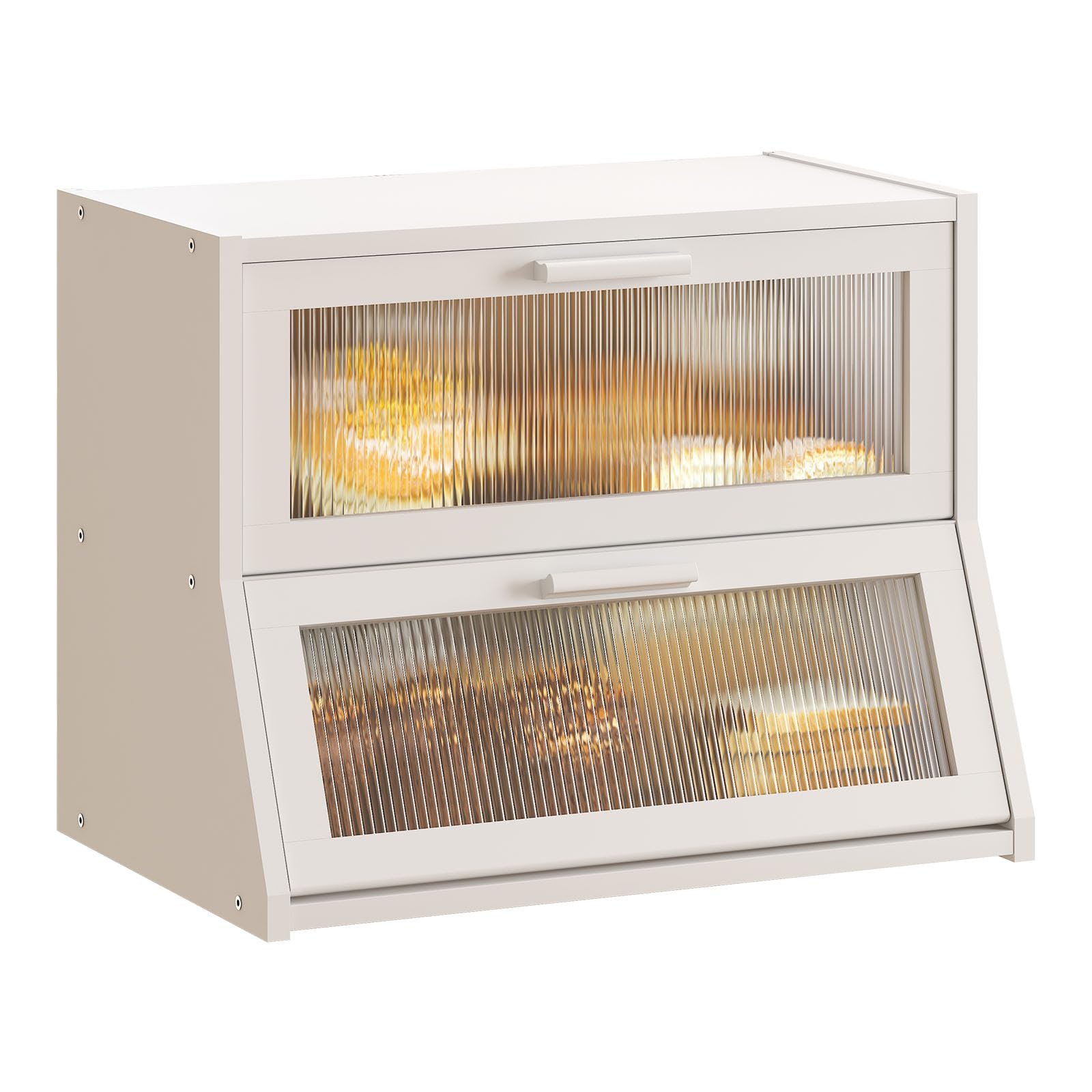 GHWIE Double Layer Bamboo Bread Box for Kitchen Counter,Large Capacity Bread Storage Bin,Bread Container with Acrylic Wavy Door Panel (Natural, Medium)