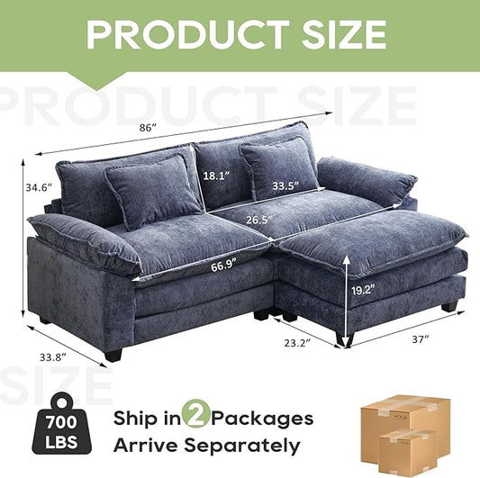 86" Modular Sectional Sofa, Comfy Cloud Couch Sectional Sofa with Ottoman, Chenille Sofa Sleeper Deep Seat Sofa with Throw Pillows for Living Room (Blue, 86"- L Shape)