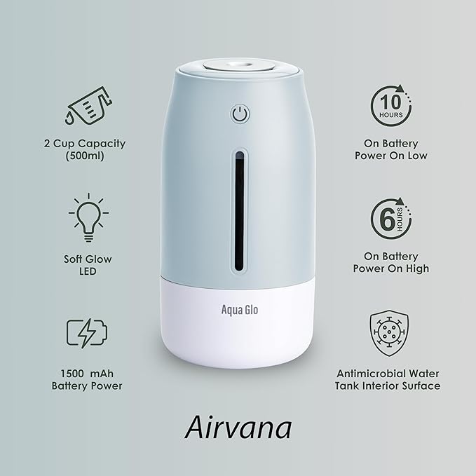 Aqua Glo Personal Humidifier – Ultrasonic Cool Mist, Rechargeable Battery for 15 Hours Use, 2-Cup Water Tank, Quiet Operation. Ideal for Travel, Office, Bedroom, Plants, and Home. Blue Mist