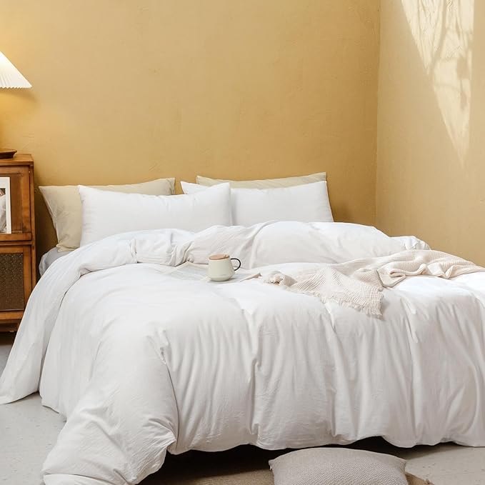 FOSSA Duvet Cover Set 100% Washed Cotton Linen Feel Super Soft Breathable Cozy 3 Pieces Bedding Sets Solid Off White Full/Double