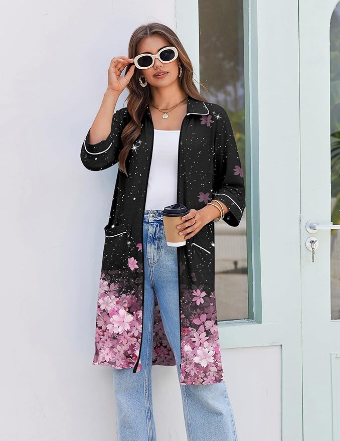 Ekouaer Zipper Robes for Women 3/4 Sleeve Housecoats Knee Length Bathrobe Lightweight Nightgown with Pockets S-3XL