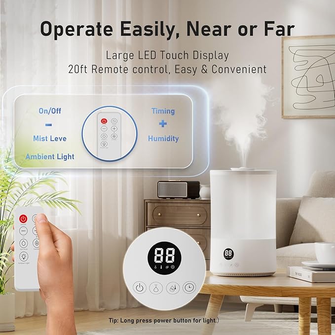 Humidifiers for Bedroom, 1Gal Top Fill Humidifier for Large Room, 250ml/h Cool Mist Output Humidificador, 24dB Quiet Air Humificador with Remote, Easy to Fill & Clean, fit Baby & Plants (White)