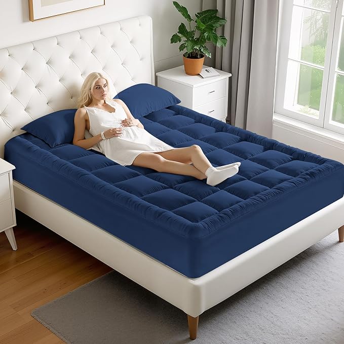 MATBEBY King Size Mattress Pad - Cooling Breathable Mattress Topper, Quilted Fitted Mattress Protector, Pillow Top Mattress Cover with 8-21" Deep Pocket, Machine Washable, Navy Blue, 78x80 Inches