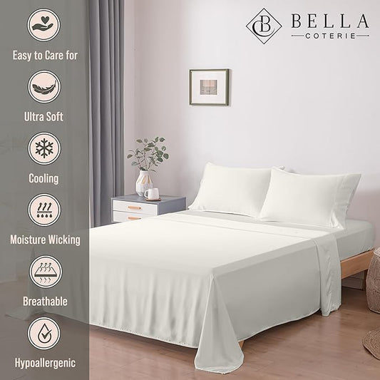 Bella Coterie Luxury Bamboo Viscose Twin XL Size Sheet Set | 100% Organically Grown | Ultra Soft | Cooling for Hot Sleepers | 18" Deep Pocket [Ivory]