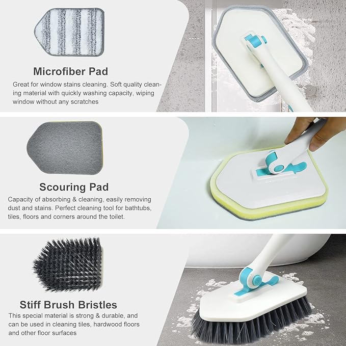 Long Handled Scrub Brush for Shower,3-in-1 Cleaning Brushes with 3 Different Function Cleaning Heads Brush for Shower Cleaning Bathroom Kitchen Walls Tub Tile (White)