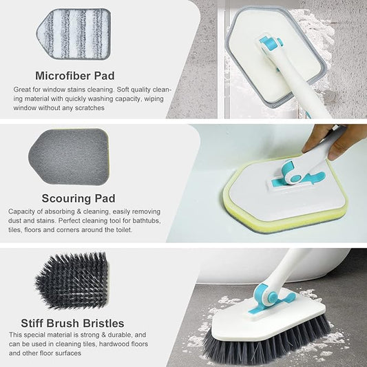 Long Handled Scrub Brush for Shower,3-in-1 Cleaning Brushes with 3 Different Function Cleaning Heads Brush for Shower Cleaning Bathroom Kitchen Walls Tub Tile (White)