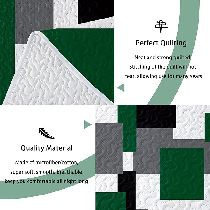 3 Piece Green Quilt Set King Size Christmas Green Black Geometric Reversible Bedding Set Microfiber Lightweight Bedspread Coverlet with 2 Shams Modern Bed Cover for All Season, 106''x96''