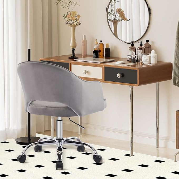 MOJAY Modern Vanity Chair with Wheels, Mid-Back Cutout Velvet Home Office Chair, Swivel Height-Adjustable Soft Seat Cute Desk Chair with Arm Support (Dove Grey)
