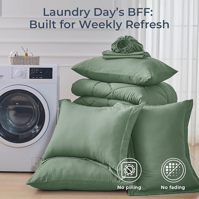 HEVUMYI Sage Green Queen Comforter Set - 7-Piece All Season Bed in a Bag Queen, Ultra Soft Bedding Set with Comforter, Flat Sheet, Fitted Sheet, Pillowcases, Pillow Shams, Sage Green